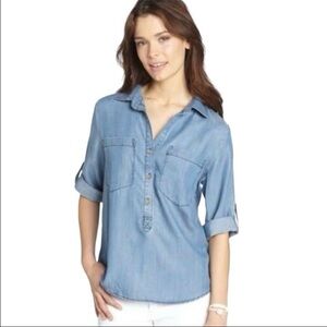 Velvet Heart Chambray Smock Lite Breezy Casual ButtonUp Roll-Tab Sleeve Top NWOT
